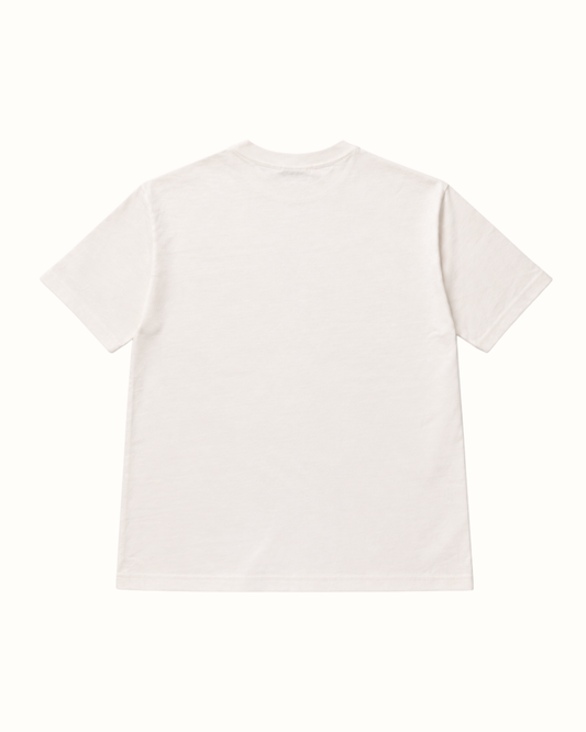Back of the white 280GSM heavyweight cotton T-shirt - plain back with a ribbed crew neck.