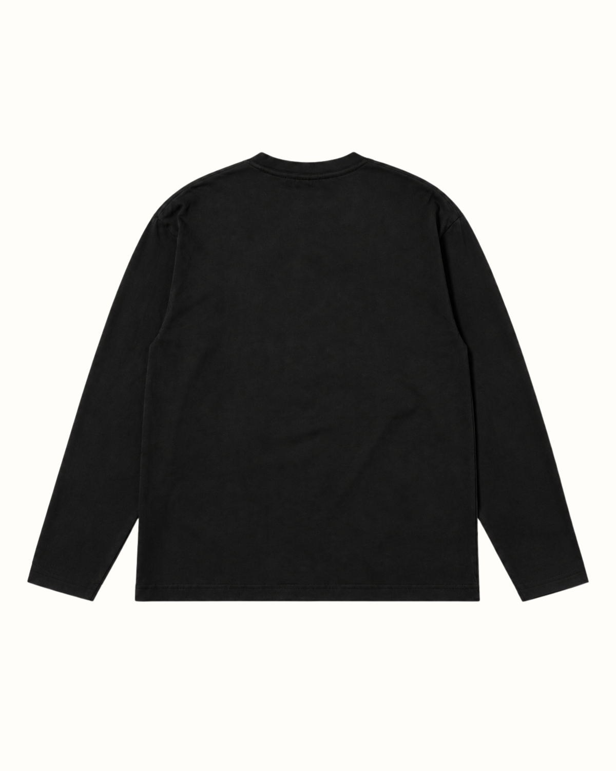 Black YTHEB long sleeve tee, back view, plain with a boxy oversized cut and ribbed crew neck