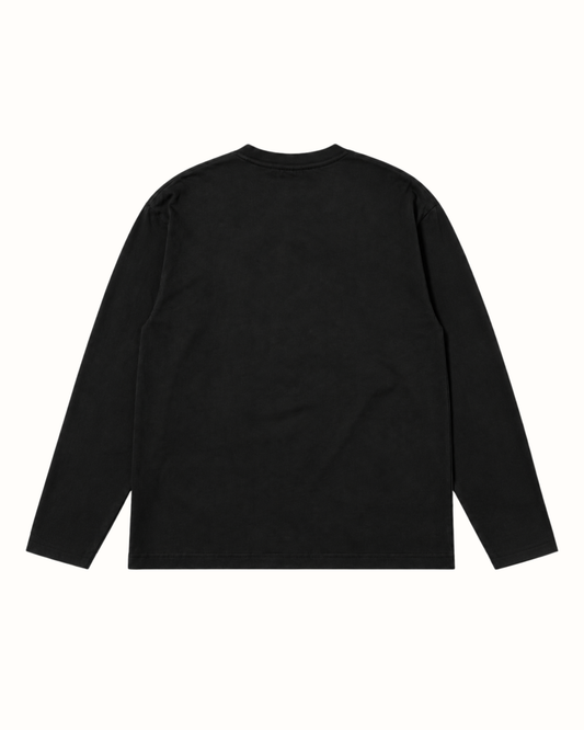 Black YTHEB long sleeve tee, back view, plain with a boxy oversized cut and ribbed crew neck