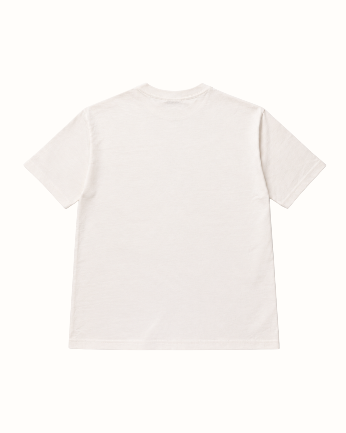 Back of the white 280GSM heavyweight cotton T-shirt - plain back with a ribbed crew neck.