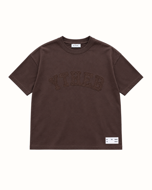 Brown T-shirt with arched tonal YTHEB appliqué lettering with stitched edges, script signature neck label and woven hem label.
