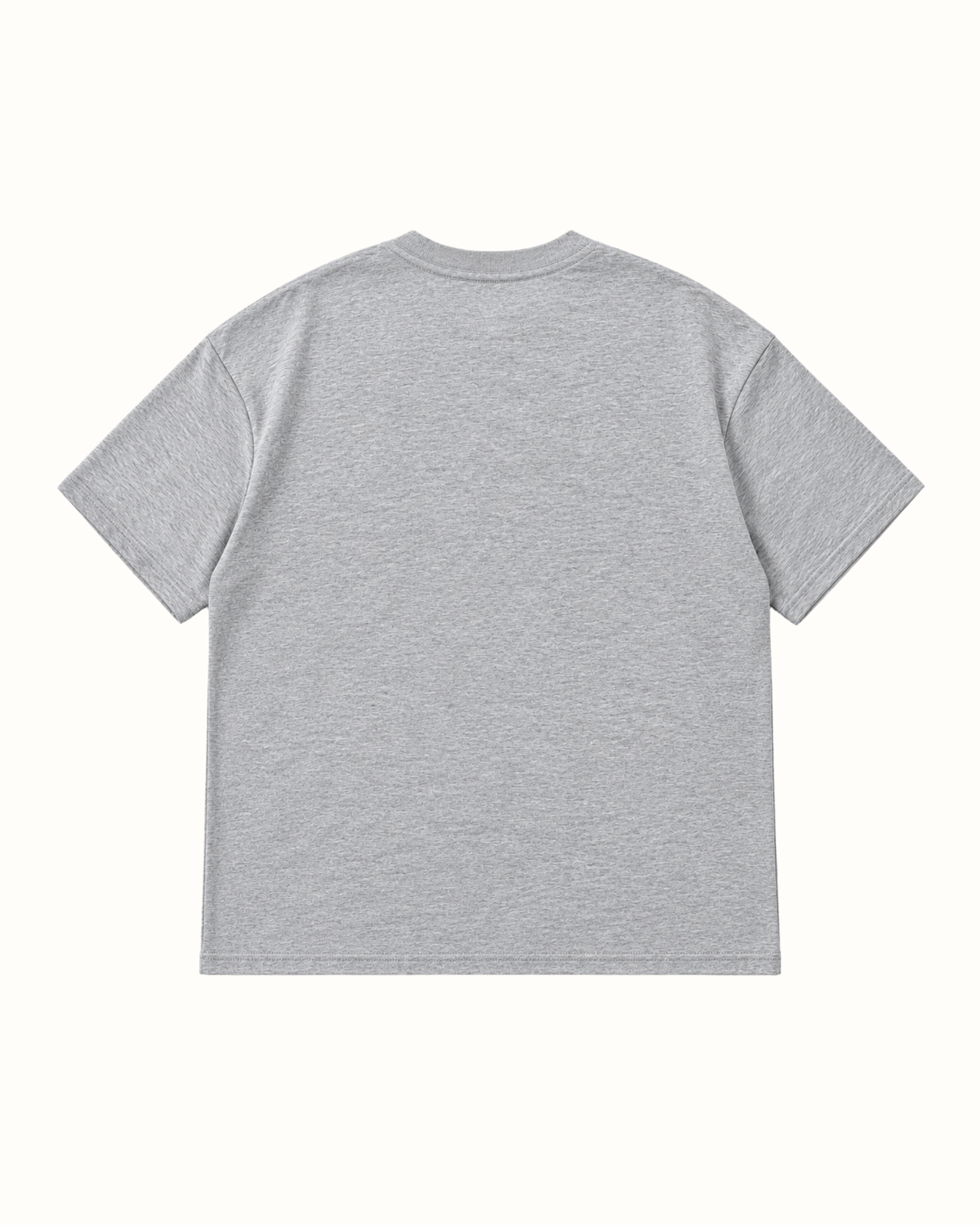 Plain back of the light grey marl YTHEB appliqué T-shirt, showing the dropped shoulders and ribbed crew neck.